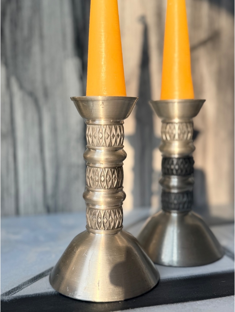 Vintage Brushed Pewter Candlestick Holders Pair Danish Modern MCM - Picture 2 of 6
